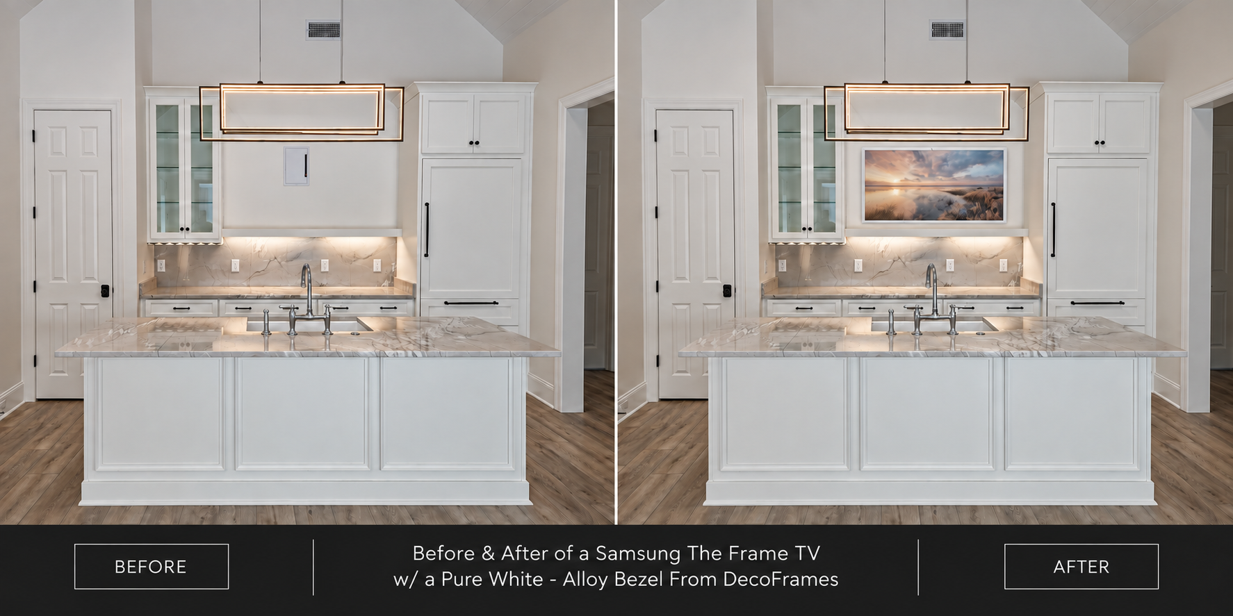 Before & After of a Samsung The Frame TV w/ a Pure White - Alloy Bezel From DecoFrames