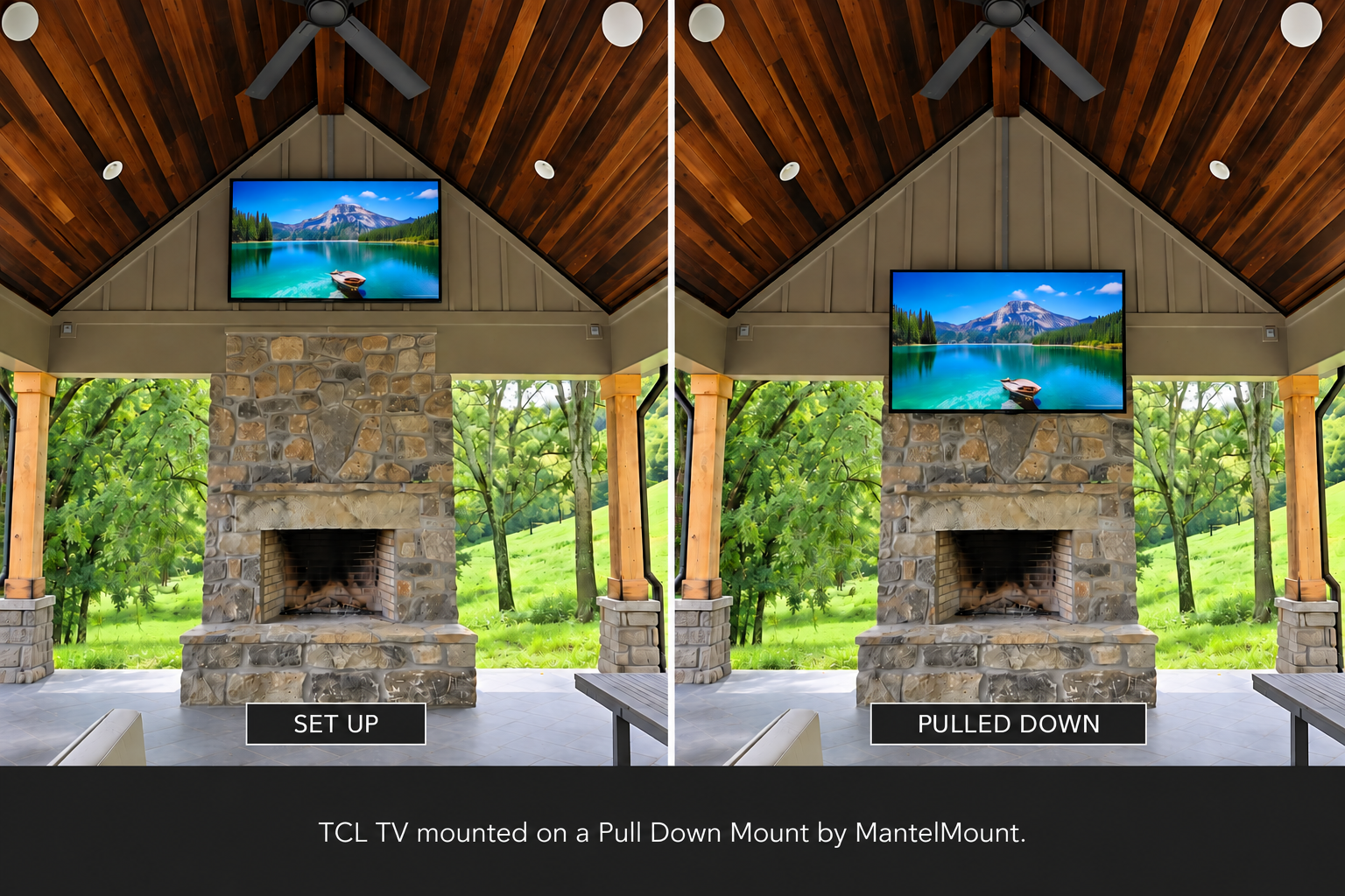 TCL TV mounted on a Pull Down Mount by MantelMount