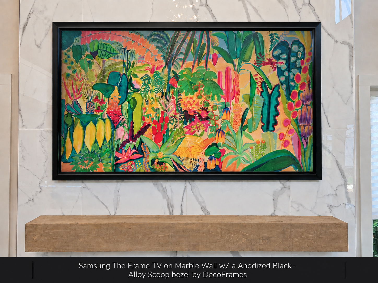 Samsung The Frame TV on Marble Wall w/ a Anodized Black - Alloy Scoop bezel by DecoFrames