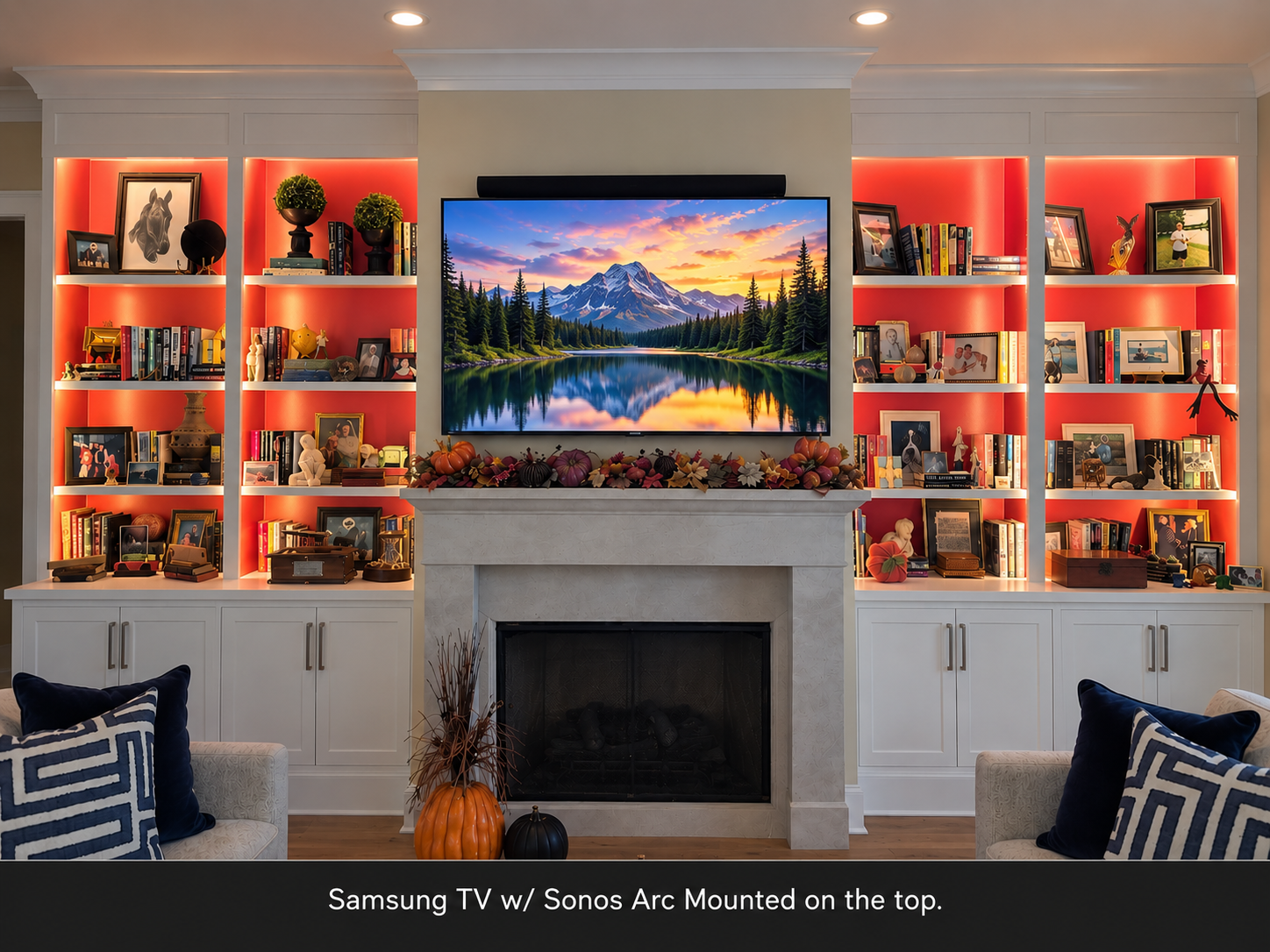 Samsung TV and Sonos Arc installation with illuminated built-ins
