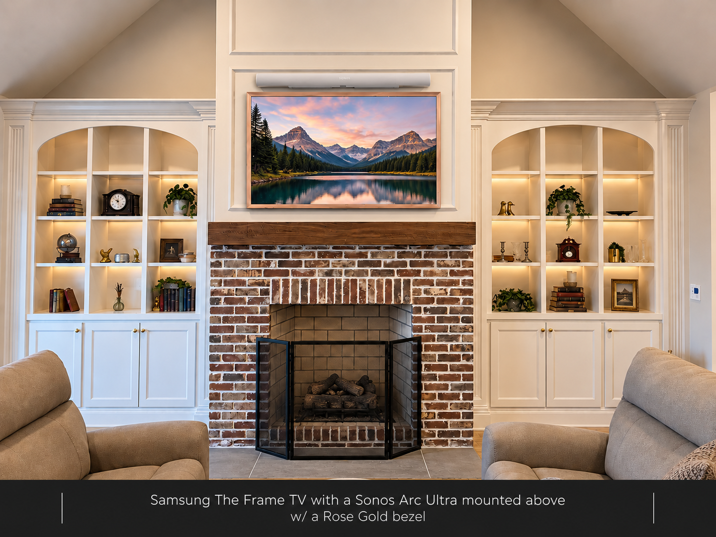 Samsung The Frame TV with a Sonos Arc Ultra mounted above w/ a Rose Gold bezel