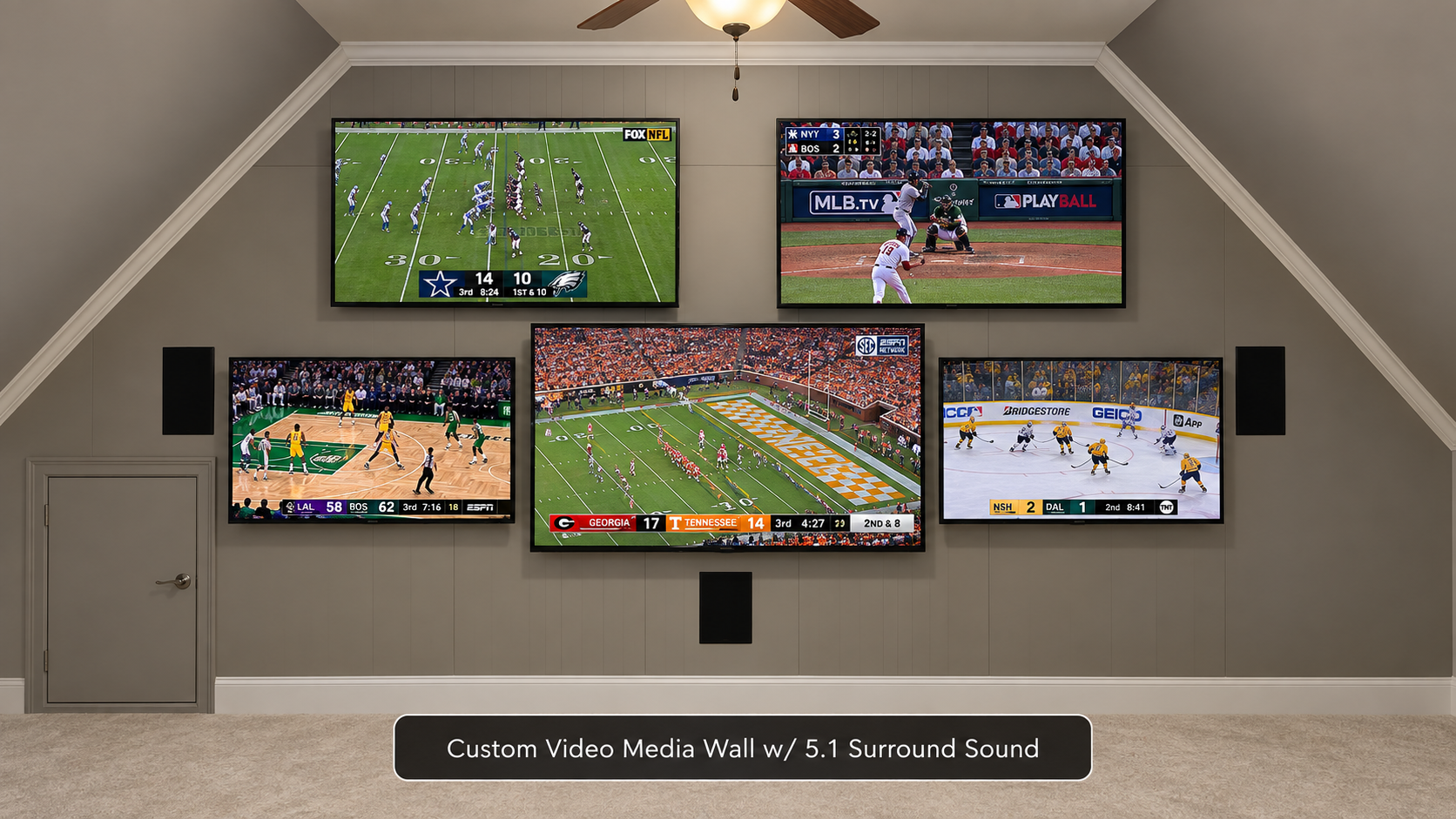 Custom five television video media wall with surround sound