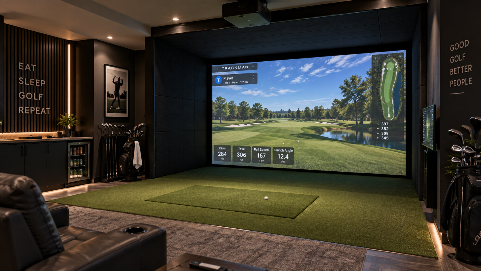 Indoor residential golf simulator installation